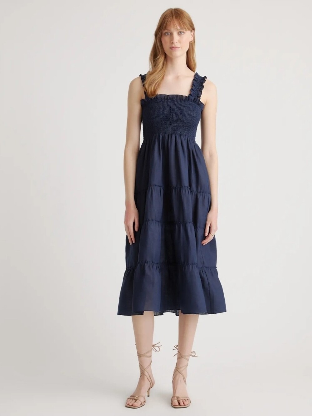 Quince Navy Smocked Tiered Midi Dress Size Xl